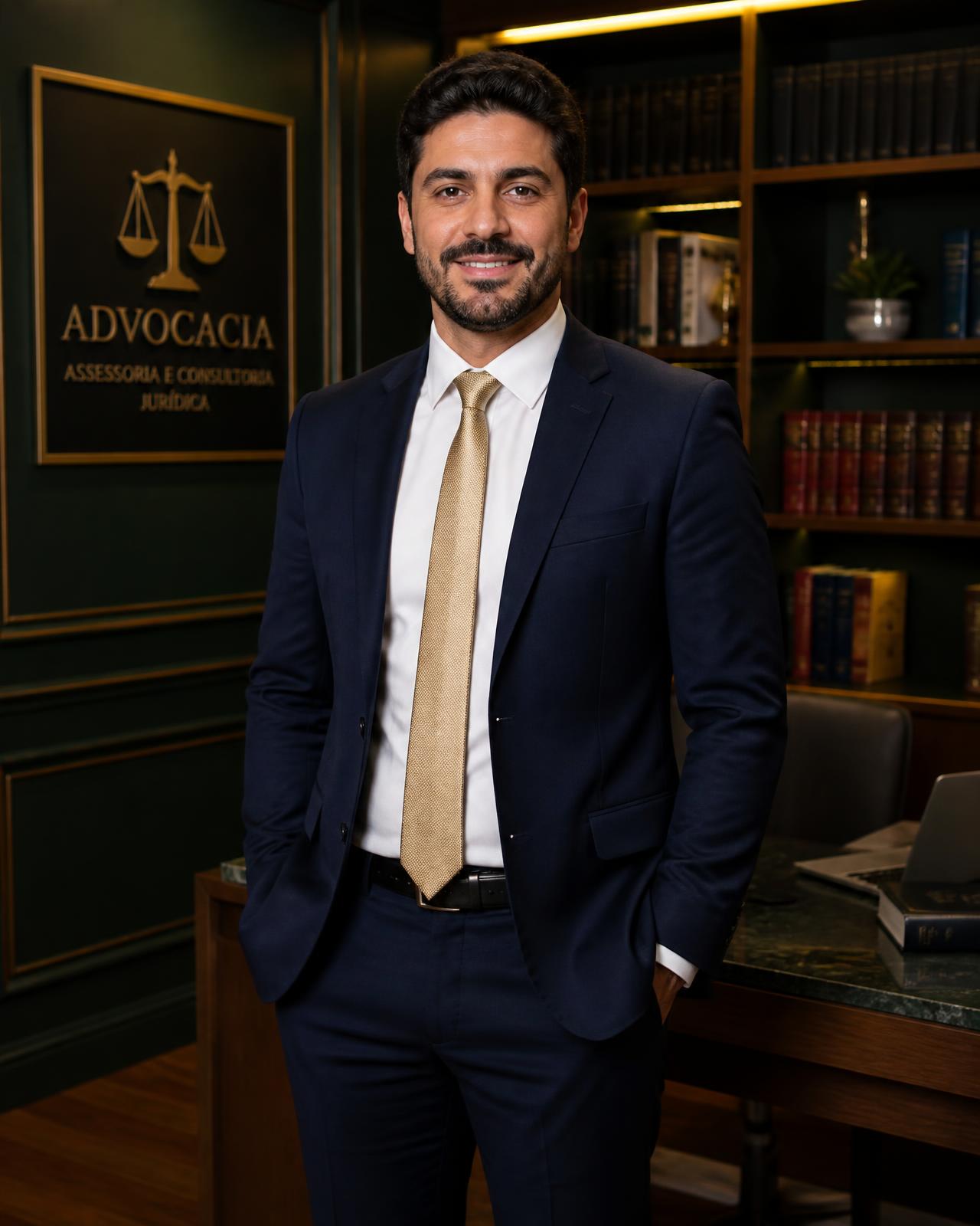 Dr. Lucas Gerard, advogado, de terno no escritório